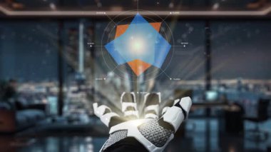 Robotik bir el, yapay zekanın ve veri analizlerinin parlak modern ofis ortamında yakınsamasını sembolize eden holografik bir grafik arayüz sunar. Auvana