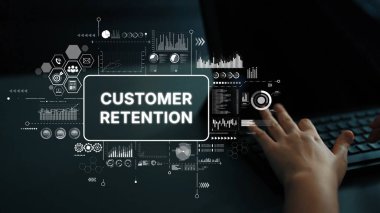 Charts, Data Analysis ve Business Strategy Visuals ile Modern Digital Concept for Clistomer Retention. Asemptotik akıllı veri analitiği.