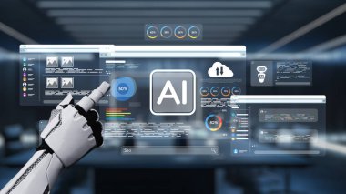 Çeşitli veri analizleri ve ilerleme göstergelerini gösteren dijital bir arayüzle etkileşen robotik bir elin suni zekanın gelecekteki temsili. Auvana