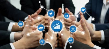 Ofis çalışanlarının el ele dizilmesi başarılı bir iş ortaklığı grubunu ve panoramik pankartta kamu işyerinde güçlü bir birlik takım çalışmasını sembolize ediyor. Kurnaz Dostluk