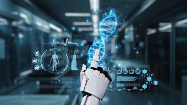 Tıbbi verilere ya da teşhis semptomlarına erişmek için robot ellerle DNA hologramına tıklayın. Yapay zeka semptomları analiz ederken genetik simülasyonda robot el kontrolü. Sağlıklı..