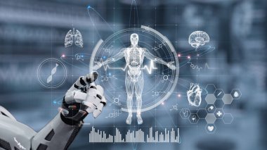 İnsan anatomisini gösteren ve bulanık laboratuvar geçmişine sahip robot el işaretlerini kapat. Robot el, tıbbi verileri teşhis semptomlarına bağlamak için x ray gösterge paneline tıklıyor. Sağlıklı..