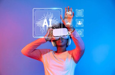 Bir insanın dijital yapay zeka grafikleriyle etkileşime girerken sanal gerçeklik kulaklığı kullanarak teknoloji ve insan deneyimini sembolize ettiği büyüleyici bir sahne. XDMCP