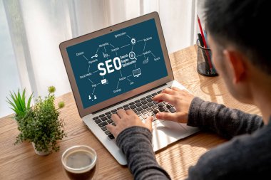 Model e-ticaret için SEO arama motoru optimizasyonu ve bilgisayar ekranında gösterilen çevrimiçi perakende işi