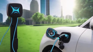 EV otomobili, elektrik yükleme istasyonuna bağlanarak yeşil parktaki EV şarj cihazının pil durumu hologramını şehrin gelecekteki ekolojik yaşam biçimi ve temiz enerjinin kullanımı olarak gösteriyor. İnceleyin