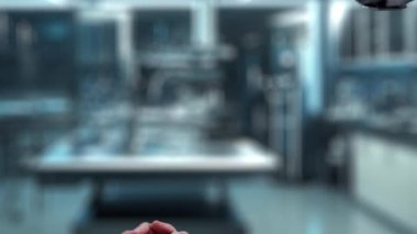 Robot ve insan elini uzatıyor ve yüzen tıbbi haç ikonu ile parmağıyla işaret ediyor. Laboratuvar geçmişini işaret ederken robot eller ve insanların birlikte çalışması yakın plan. Sağlıklı..