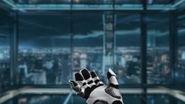 Şık bir şehir manzarası içinde, teknolojinin ve gelecekteki gelişmelerin entegrasyonunu vurgulayan canlı yapay zeka sembollerini kavrayan robotik bir el. Auvana