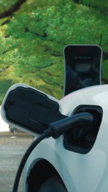 Şehir parkında yeşil ağaçlar ve doğa ile birlikte ilerleyen elektrikli araba parkı. Elektrikli araç parktaki şarj istasyonunda şarj oluyor. Ağaçlar ve insanlarla dolu. Temiz enerjiyle EV araba gücü.