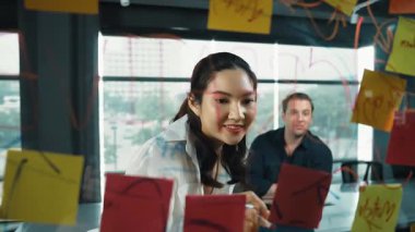 Genç kendine güvenen iş kadını projeyi uzman yatırımcıya sundu. Profesyonel proje yöneticisi başlangıç projesini açıklamak için yapışkan notlar kullanır, beyin fırtınası fikirlerini yatırımcıya paylaşır. Yönlendirici.