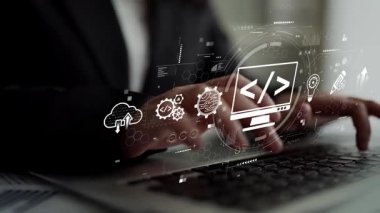 Kodlama sembolleri, web geliştirme süreci, web geliştirme arayüzü ve web geliştirme araçlarını içeren modern web geliştirme kavramı. Muxer