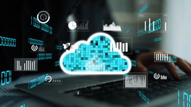 Bulut hesaplamasının ve veri analizinin dinamik bir görsel temsili, iş yenilikleri ve dijital çözümlerdeki modern teknoloji rolünü göstermektedir. Xenic