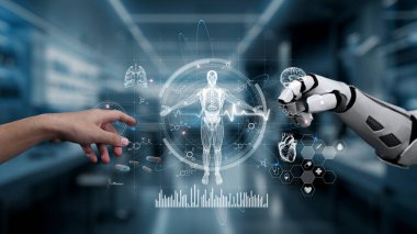 Robot ve insan eliyle insan anatomisi ikonunu işaret ediyor. Robot el ve insanın birlikte çalışırken röntgen hologramıyla bulanık labaratuvarı işaret etmesine yakın çekim. Sağlıklı..