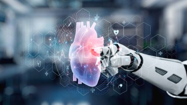 Bulanık laboratuvar geçmişi olan kalp hologramını gösteren robot eli kapat ve tıkırdat. Robot el kalp ikonuna tıklayarak semptomları analiz ediyor. Tıbbi teknoloji. Sağlıklı..