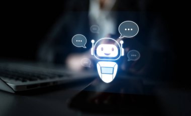 Yapay zeka sanal asistanı kullanıcılarla yapay zeka konuşma baloncukları aracılığıyla iletişim kuruyor, yapay zeka otomasyonunu, akıllı iletişimi ve yapay zeka desteğini simgeliyor.