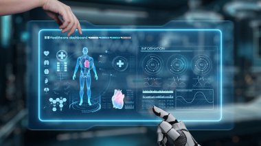 Robot ve insan eliyle insan anatomisi ikonunu işaret ediyor. Robot el ve insanın birlikte çalışırken röntgen hologramıyla bulanık labaratuvarı işaret etmesine yakın çekim. Sağlıklı..