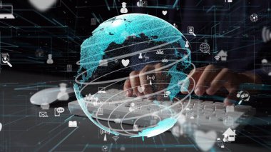 Bu resim, sanal bir çalışma alanında teknoloji, iletişim ve modern etkileşim arasındaki etkileşimi vurgulayan dijital bir mercek ile küresel bağlantıyı göstermektedir. Xenic