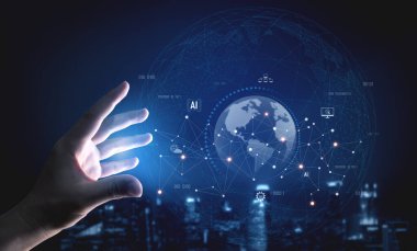 Küresel AI ağı, dijital dünya üzerindeki AI, küresel ve ağ elemanları arasındaki bağlantıyı göstermektedir.