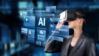 Bir iş kadını, yapay zeka ve içerik oluşturma kavramlarını vurgulayan yüzen dijital ekranlarla çevrili sanal gerçeklik kulaklığıyla meşgul olur. XDMCP