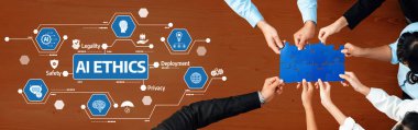 Yapay zeka etiğinin anahtar unsurlarını temsil eden, güvenlik, gizlilik, yasallık ve modern teknolojide konuşlanmayı vurgulayan bir yapbozu bir araya getiren ortak çaba. Dostluk