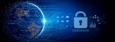 Güvenli veri erişimi için şifreleme, parmak izi kimliği, bulut güvenliği, e-posta, kredi kartı ve veritabanı kilidini gösteren siber güvenlik sistemi