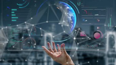 Dünya çapında dijital iletişimi, veri alışverişini ve internet bağlantısını gösteren yüksek teknolojili küresel ağ bağlantı arayüzü. Küresel bağlantı, veri etkileşimi ve dünya çapında iletişim. Thunk