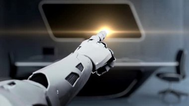 Çağdaş bir ofis ortamında canlı veri görselleştirmeleri sergileyen, teknolojideki yeniliği temsil eden parlak bir dijital arayüzle uğraşan bir robot kol. Auvana