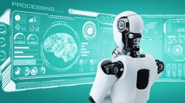 Yapay zeka robotunun hologram ekranını analiz etmesi yapay zeka ve yapay zeka kavramını makine öğrenme süreciyle gösterecektir. 3B görüntüleme.