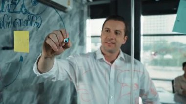 Akıllı lider işadamı cam tahtanın önünde proje başlatmayı düşünüyor. Gülümseyen erkek proje yöneticisi yaratıcılık pazarlama stratejisini gösteren renkli yapışkan notlara bakıyor. Yönlendirici.