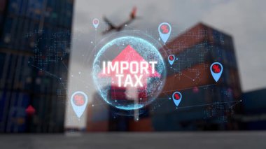 Arka planda kargo konteynerleri, uçak ve yüzde sembolleriyle Dijital Küresel Vergi İthalatı Görselleştirmesi. Sevkiyat.