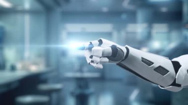 Robotik el işaretini kapat ve bulanık laboratuvar geçmişine sahip çapraz holograma dokun. Tıbbi verilere erişmek ve onları teşhis etmek için robot el tıklaması. Sağlıklı..