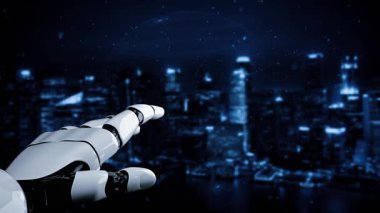 Gelecekçi robot yapay zeka yapay zeka yapay zekayı aydınlatıyor ve makine öğrenme kavramını geliştiriyor. İnsan hayatının geleceği için küresel robot biyonik bilim araştırması. 3B görüntüleme grafiği.