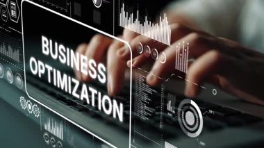 İş İyimserleştirme Konsepti ile Klavyede Yazan Eller Pazarlama ve Veri Analizi için Dijital Arayüz Üzerine Üstüste kondu. Asemptotik akıllı veri analitiği.