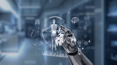 İnsan anatomisini gösteren ve bulanık laboratuvar geçmişine sahip robot el işaretlerini kapat. Robot el, tıbbi verileri teşhis semptomlarına bağlamak için x ray gösterge paneline tıklıyor. Sağlıklı..