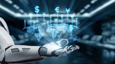 Fütürist bir robotik el modern bir iş ortamında teknoloji ve finans kavşağını gösteren küresel bir harita üzerinde parlayan para birimi sembolleri sergiliyor. Auvana