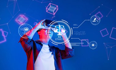 Sanal gerçeklik teknolojisiyle uğraşan birini, dijital bir ortamda yapay zeka etiği ve yasal sorumluluk temalarını araştırırken gösteren çağdaş bir sahne. XDMCP