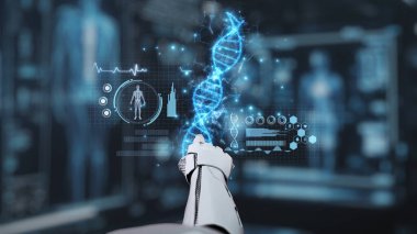 Tıbbi verilere ya da teşhis semptomlarına erişmek için robot ellerle DNA hologramına tıklayın. Yapay zeka semptomları analiz ederken genetik simülasyonda robot el kontrolü. Sağlıklı..