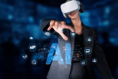 Sofistike bir kadın profesyonel sanal gerçeklik kulaklığıyla, üretken yapay zeka kavramları, teknoloji ve kullanıcı etkileşiminde yenilik sergiliyor. XDMCP