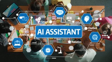 Çeşitli bir ekibin modern bir çalışma alanında robot bilimi ve chatbot yenilikleri ile yapay zeka yardımcı teknolojilerini araştırarak yaratıcılığa ve verimliliğe ilham verdiği bir sahne. Dostluk