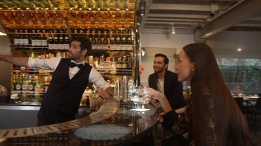 Lüks bir barda VIP müşterisi olan zeki bir barmen sıcak bir gece kulübünün ışıklandırma atmosferinde canlı bir sohbet için tezgahta yeni ve güzel bir konuğu selamlıyor. Vinosity.