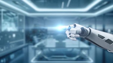 Bir robot el, modern bir çalışma alanında yapay zekayı ve veri görselleştirmesini vurgulayan, yenilik ve teknolojiyi gösteren yüksek teknolojili bir dijital arayüzle etkileşime girer. Auvana