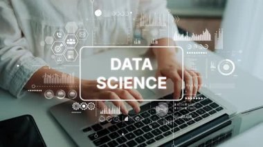 Data Science Conceptual Graphics and Analytics Icons for Technology and Business Insight ile birlikte eller dizüstü bilgisayarda. Asemptotik akıllı veri analitiği.