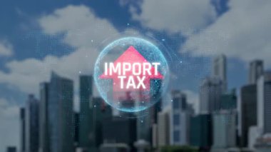 City Skyline üzerinden Global Reach ile Vergi İthalatı Konsepti İthalat ve Ekonomik Politika Etkilerini Vurguluyor. Sevkiyat.