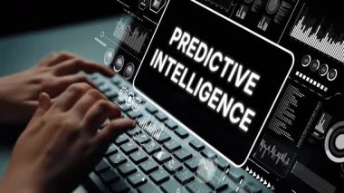 Klavyeye Öngörü Zeka Arayüzü ve Veri Görselleştirme Elementleri ile Yazan Eller. Asemptotik akıllı veri analitiği.