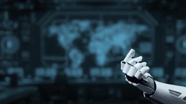 Fütüristik bir robot el sunar. Yapay zekanın dijital arayüzünü vurgulayan, yenilikleri gösteren ve teknoloji ve bağlanabilirliğin evrimini gösteren bir arayüz. Auvana