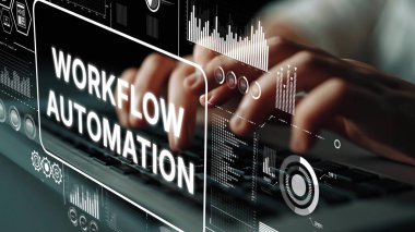 Workflow Otomasyon Konsepti Klavyede Arkaplanda Dijital Arayüz Elementleri ile Yazan Elleri Gösterme Konsepti. Asemptotik akıllı veri analitiği.