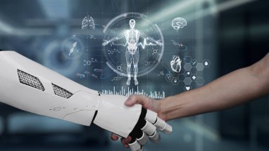 Robot elini kapat ve insan anatomisi hologramıyla el sıkış. Yapay zeka ve insanın birlikte çalışması ya da bulanık laboratuarlı x ışını hologramıyla anlaşma yapması. Sağlıklı..