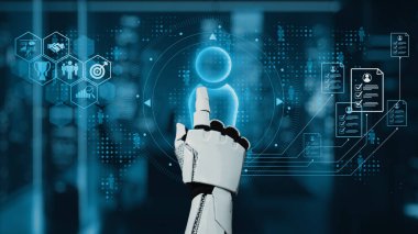 Robotik bir el, yüksek teknolojili dijital arayüz içindeki bir holografik kullanıcı ikonunu işaret ederek yapay zekanın modern teknolojiyle olan entegrasyonunu gösteriyor. Auvana