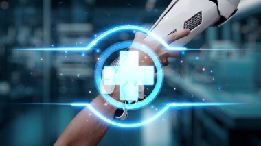 İnsan elinin, tıbbi çapraz holografik dalgalarla uzanıp robotik kolu tutması. Beyaz robot kolu, kırmızı haç ikonuyla insanları tutarken insanlara yardım ve destek oluyor. Sağlıklı..