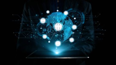 Bu resim, modern bir tasarımda etkileşimli bir dünya ve birden fazla kullanıcı simgesinin yer aldığı dijital çağda küresel bağlantı ve iletişim kavramını göstermektedir. Dörtgen