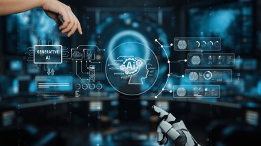 Eller, Yüksek Teknolojik bir ortamda Üretken Yapay Zeka Kavramları ve Veri Görselleri Gösteren Geleceğin Arayüzü ile Etkileşim halinde. Auvana